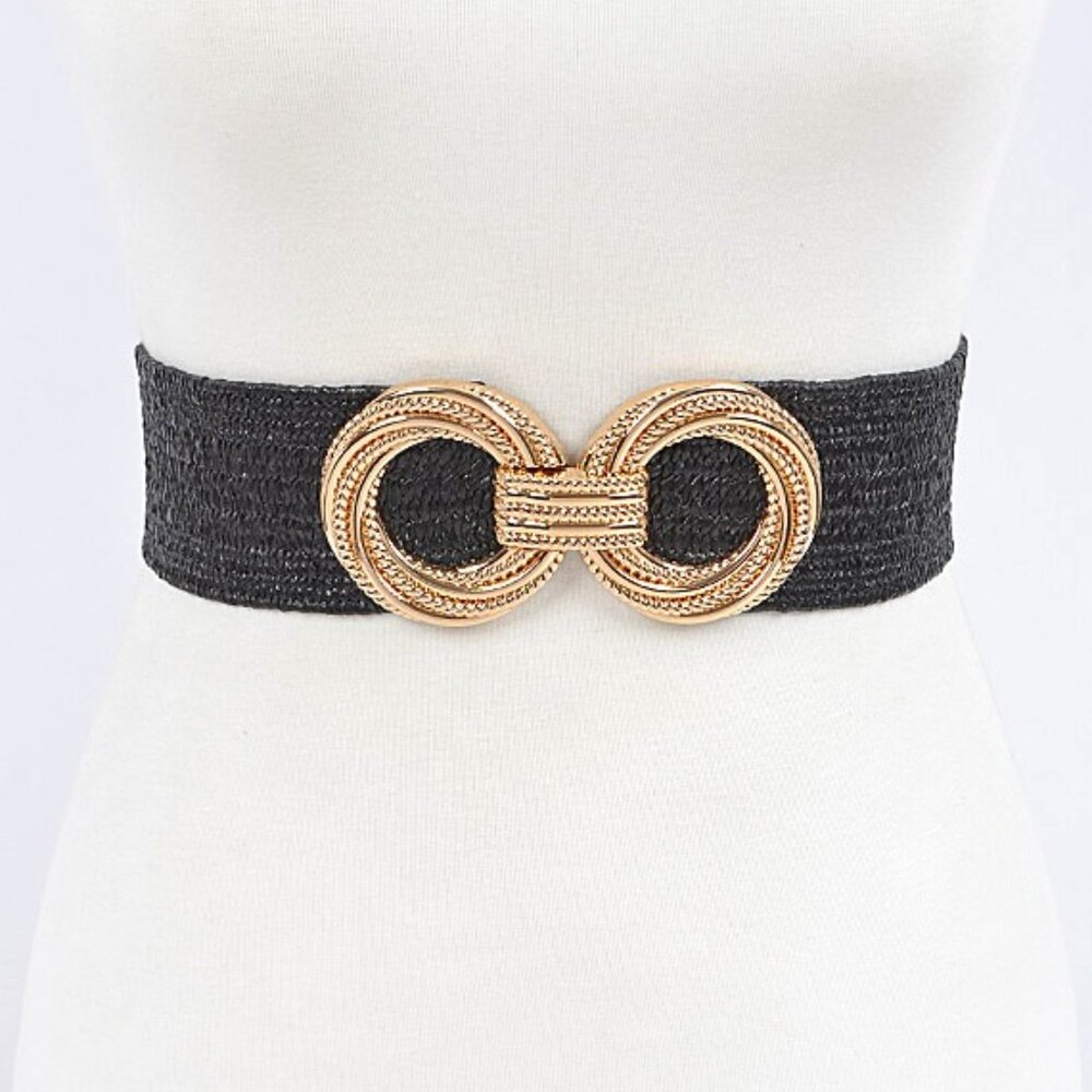 BNWT Gold Metal Buckle Black Faux Straw Elastic Belt Black Straw Stretch Belt